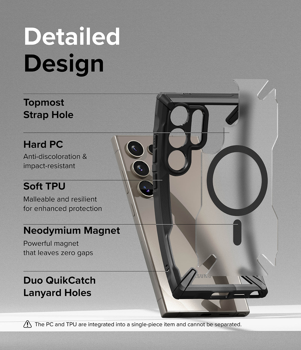 Galaxy S24 Ultra Case | Fusion-X Magnetic Matte - Exploded view of phone case features including magnet, TPU, and PC.