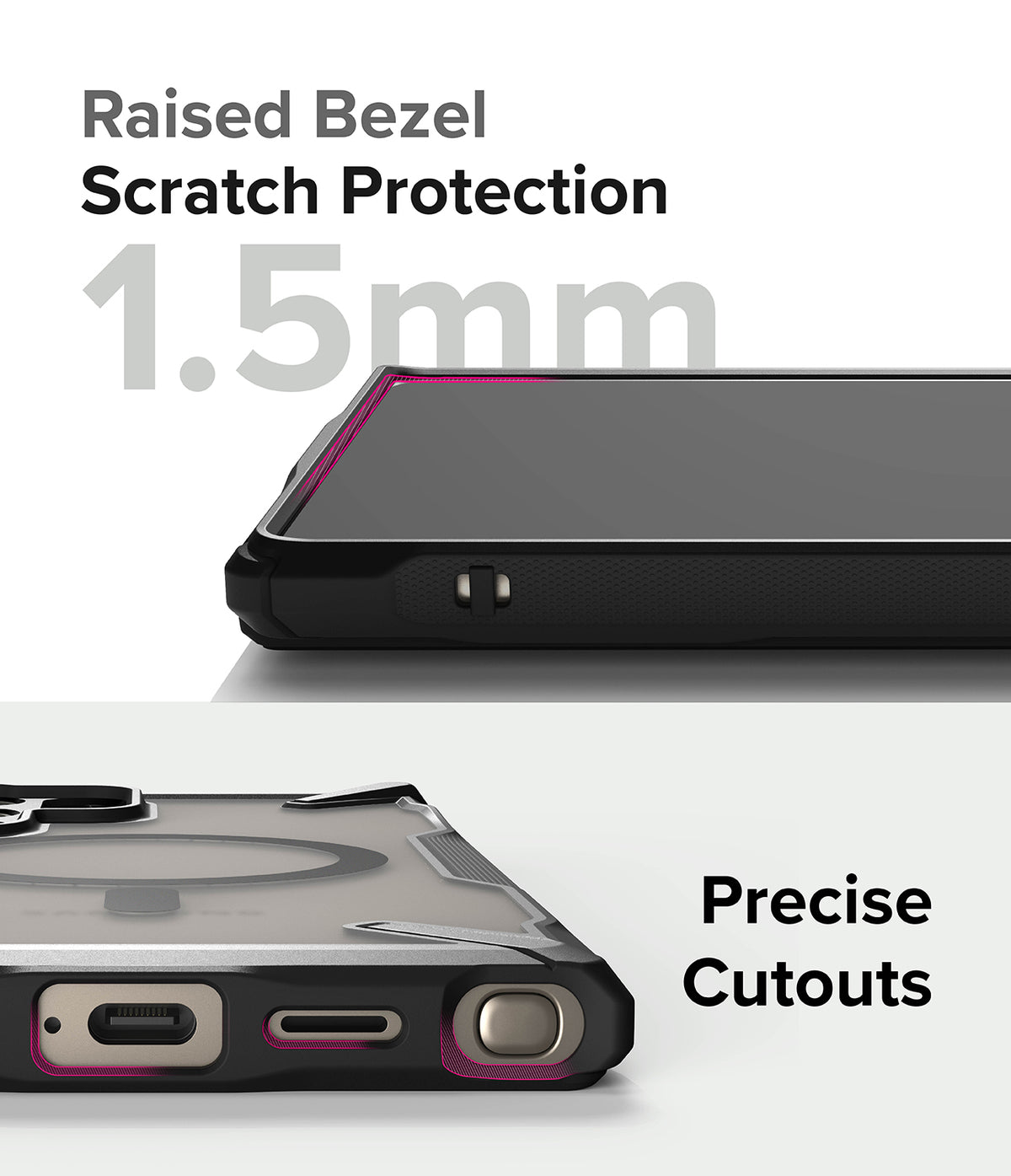 Galaxy S24 Ultra Case | Fusion-X Magnetic Matte - Close-up of 1.5mm raised bezel and precise port cutouts on phone case.