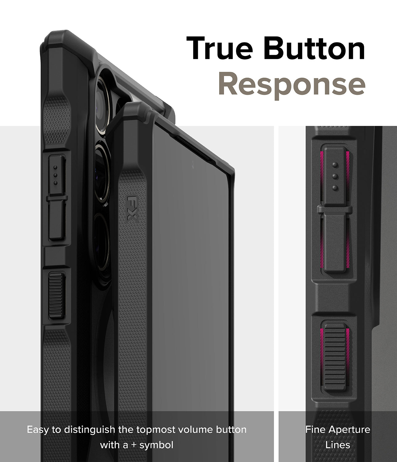 Galaxy S24 Ultra Case | Fusion-X Magnetic Matte - Close-up of tactile, textured volume and power buttons on a phone case.