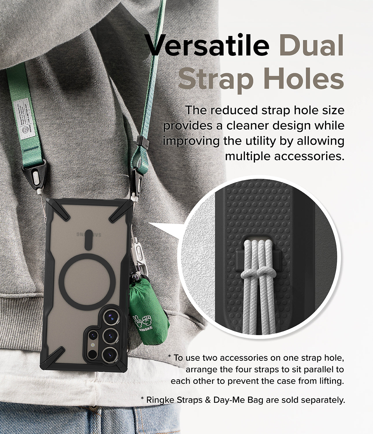 Galaxy S24 Ultra Case | Fusion-X Magnetic Matte - Phone case with dual strap holes holding multiple accessories.