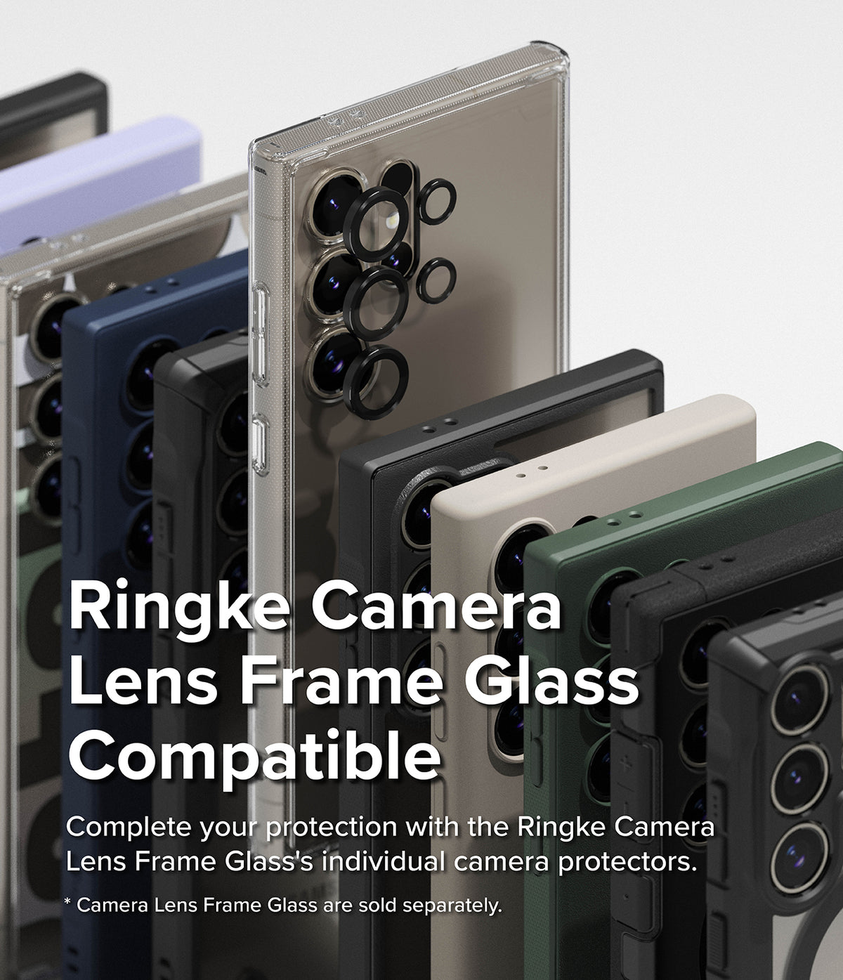 Galaxy S24 Ultra Case | Fusion-X Magnetic Matte - Stacked phone cases with individual black camera lens protectors.