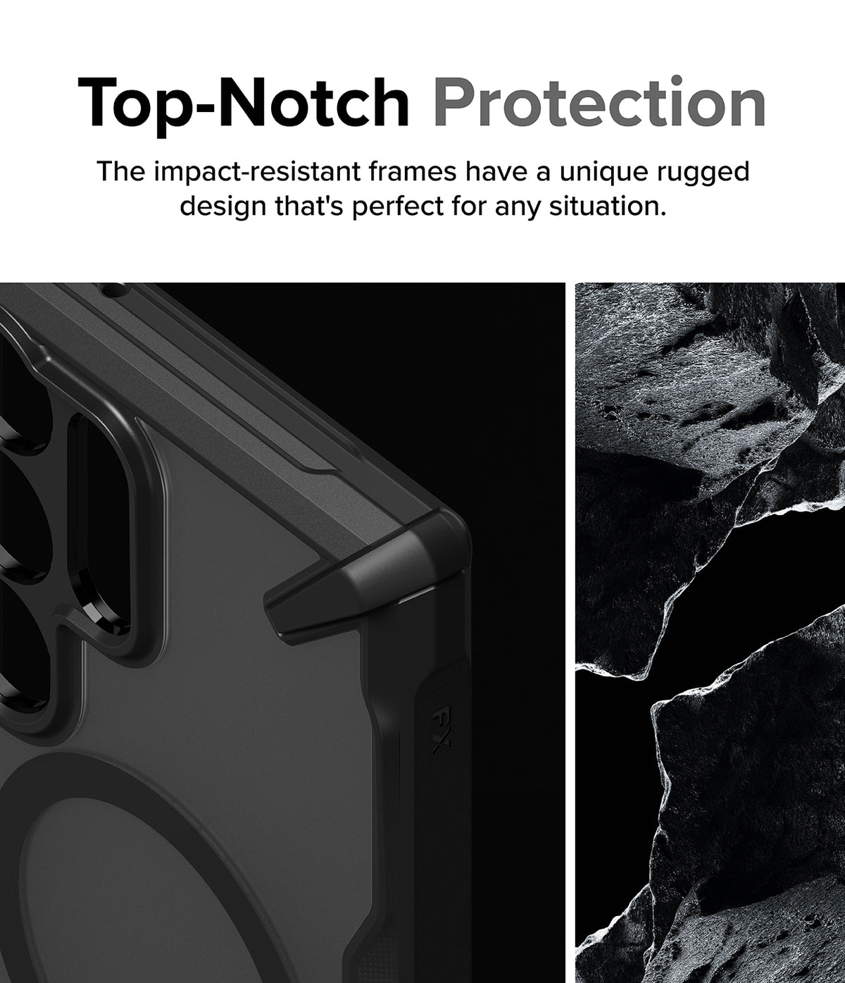 Galaxy S24 Ultra Case | Fusion-X Magnetic Matte - Close-up of rugged black phone case corner next to dark rock texture.