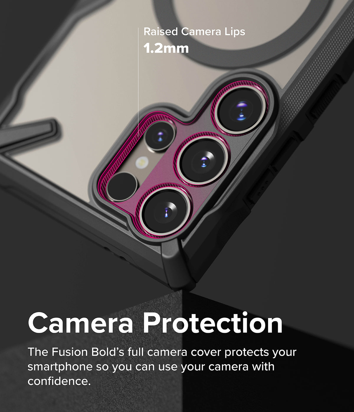 Galaxy S24 Ultra Case | Fusion-X Magnetic Matte - Close-up of phone case showing 1.2mm raised camera protection lips.