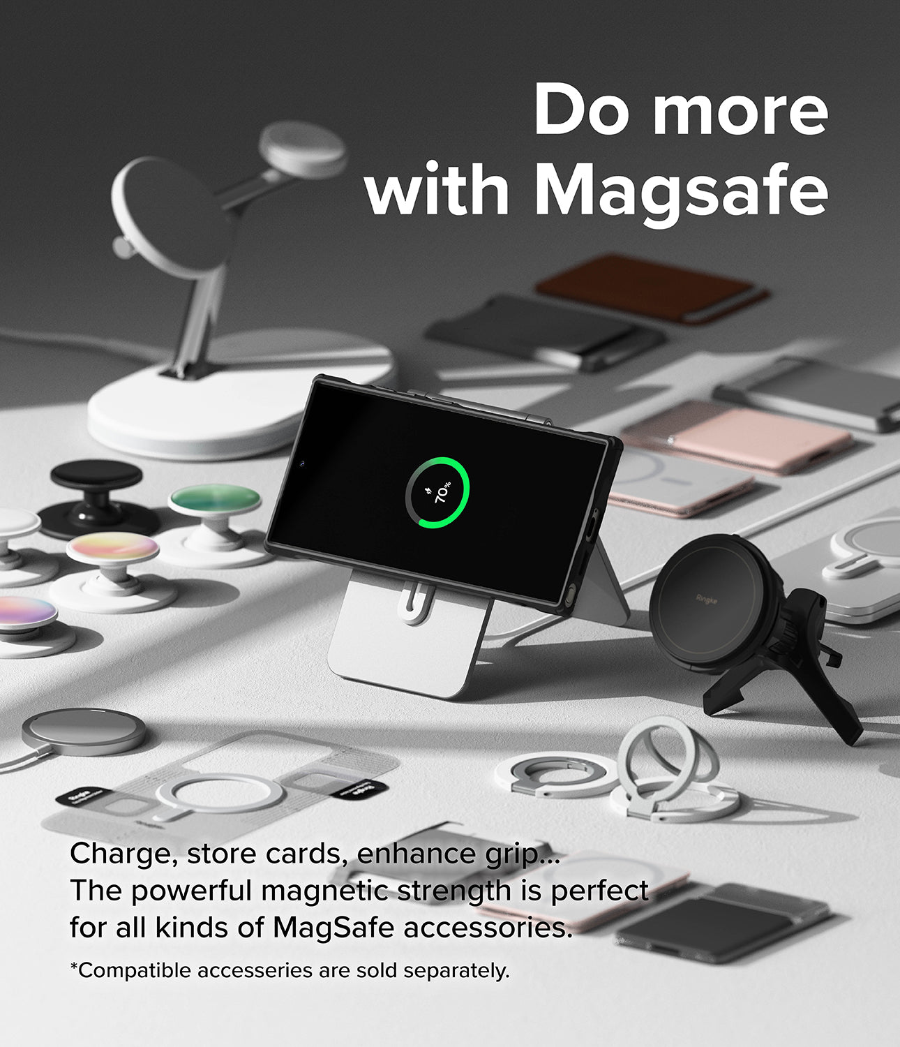 Galaxy S24 Ultra Case | Fusion-X Magnetic Matte - Galaxy S24 Ultra on a magnetic stand surrounded by MagSafe accessories.