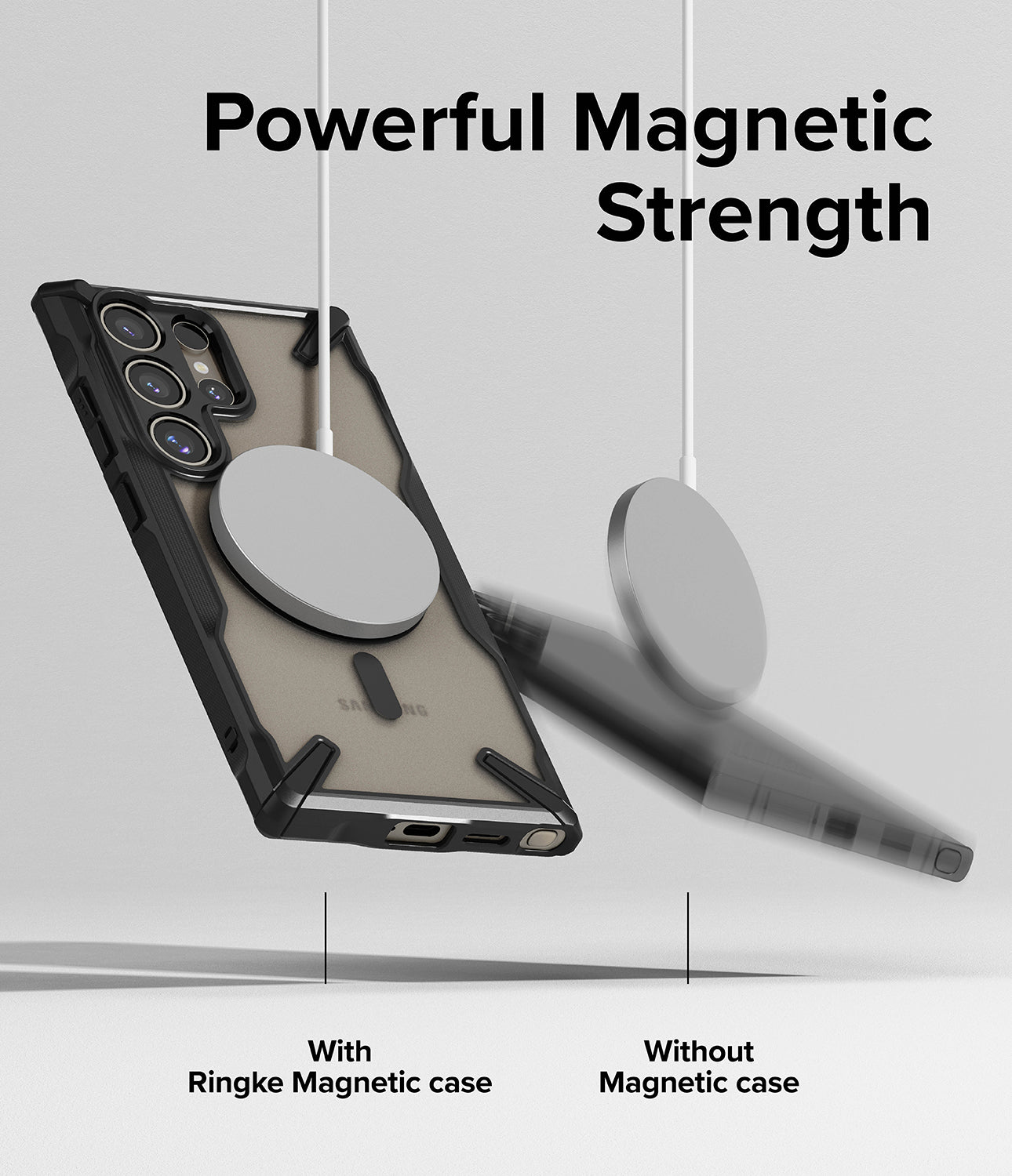 Galaxy S24 Ultra Case | Fusion-X Magnetic Matte - Magnetic charger attached to a phone case versus falling off a phone.