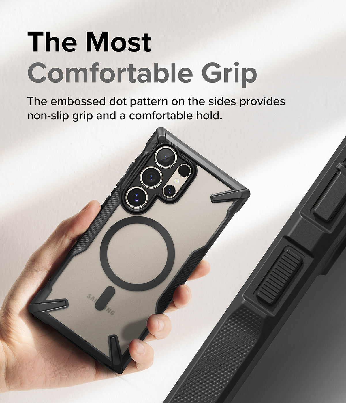 Galaxy S24 Ultra Case | Fusion-X Magnetic Matte - Hand holding a matte phone case with a magnetic ring and dot-textured sides.