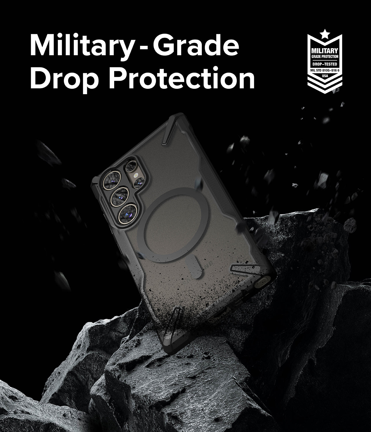 Galaxy S24 Ultra Case | Fusion-X Magnetic Matte - Black phone case with magnetic ring hovering over jagged rocks.