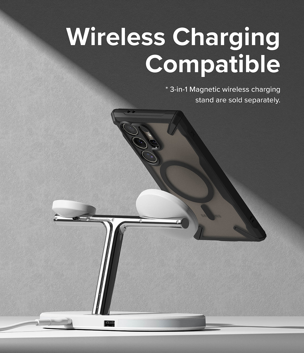 Galaxy S24 Ultra Case | Fusion-X Magnetic Matte - Galaxy S24 Ultra in a matte black case magnetically attached to a stand.