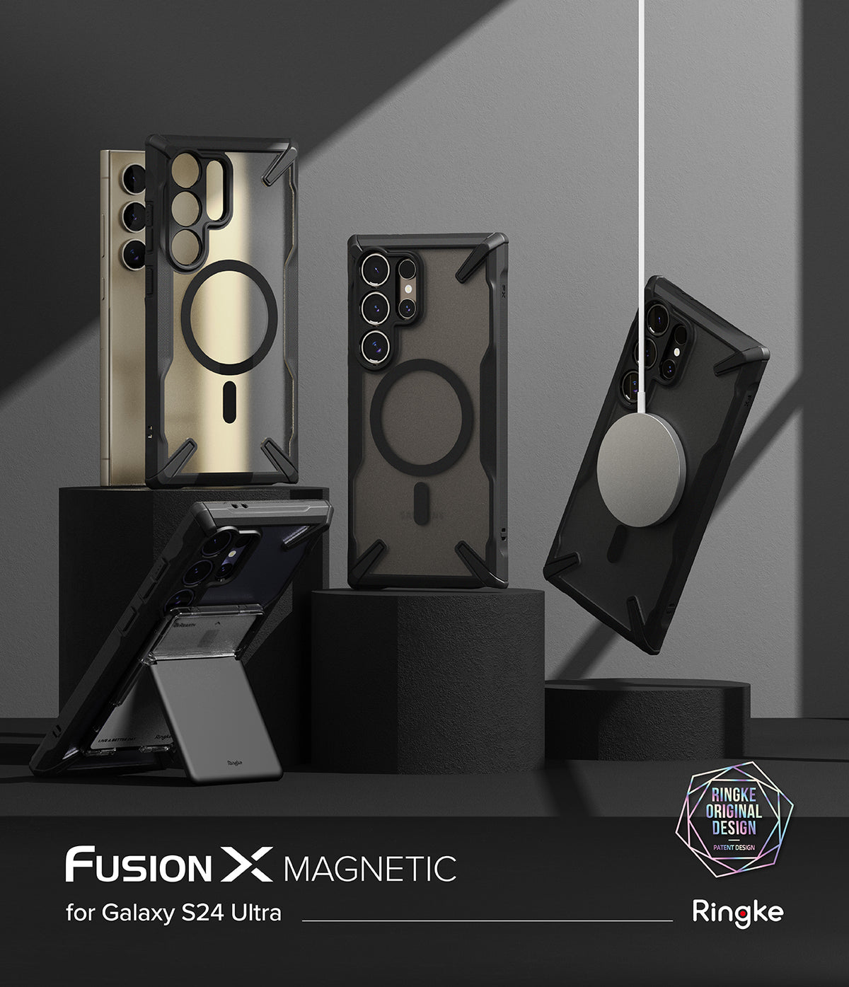 Galaxy S24 Ultra Case | Fusion-X Magnetic Matte - Four Galaxy S24 Ultra phones in magnetic cases displayed on blocks.