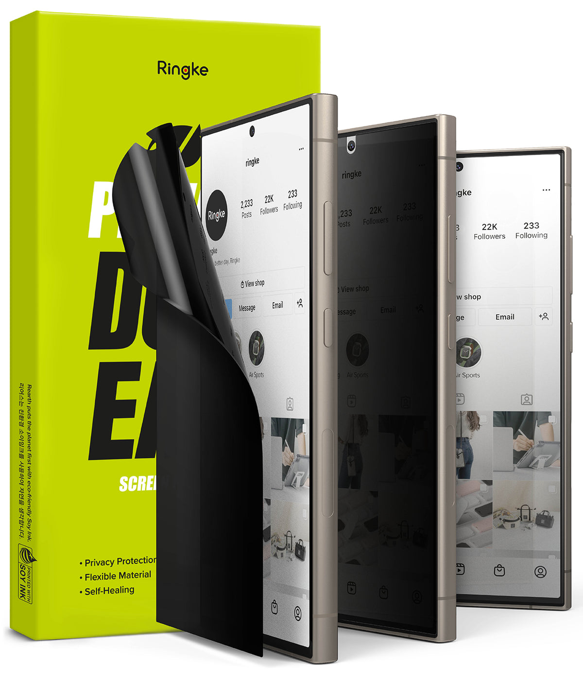 Galaxy S24 Ultra Screen Protector | Privacy Dual Easy Film - Galaxy S24 Ultra Screen Protector - Three phones showing varying levels of privacy screen darkening against a lime box.