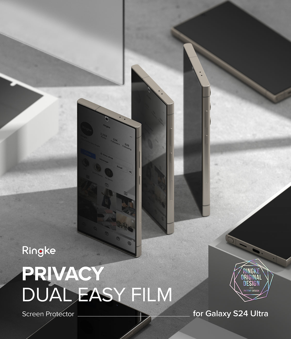 Galaxy S24 Ultra Screen Protector | Privacy Dual Easy Film - Three Galaxy S24 Ultra phones showing privacy screen effect.