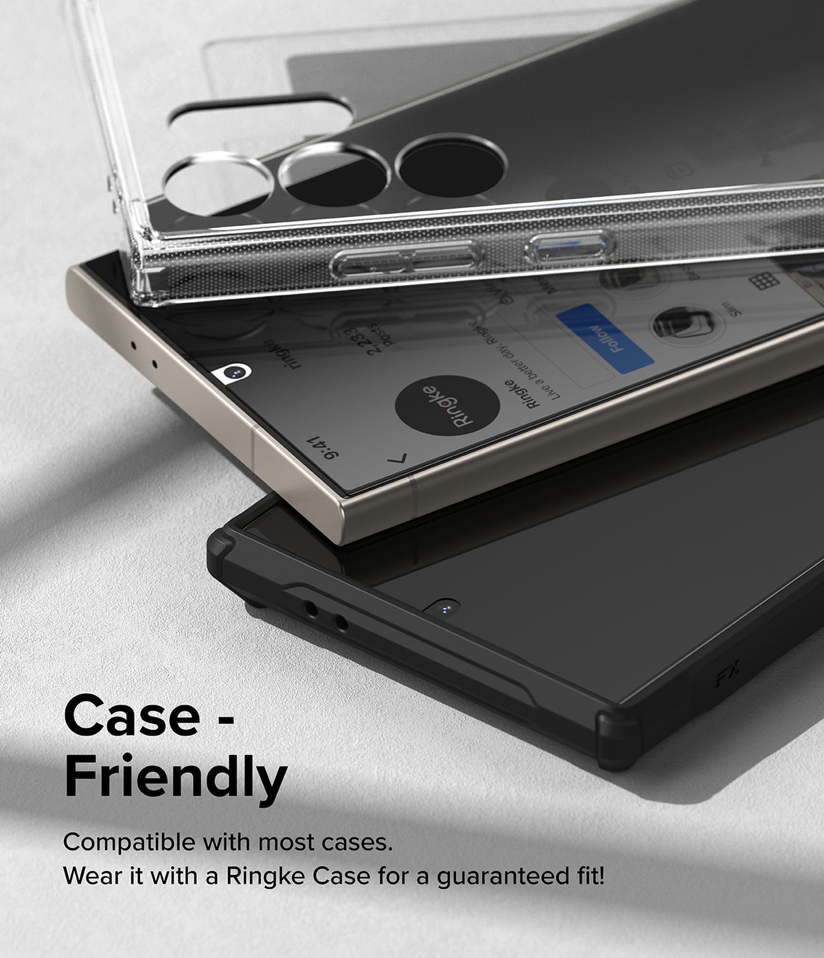 Galaxy S24 Ultra Screen Protector | Privacy Dual Easy Film - Two smartphones stacked, one with a clear case attached.