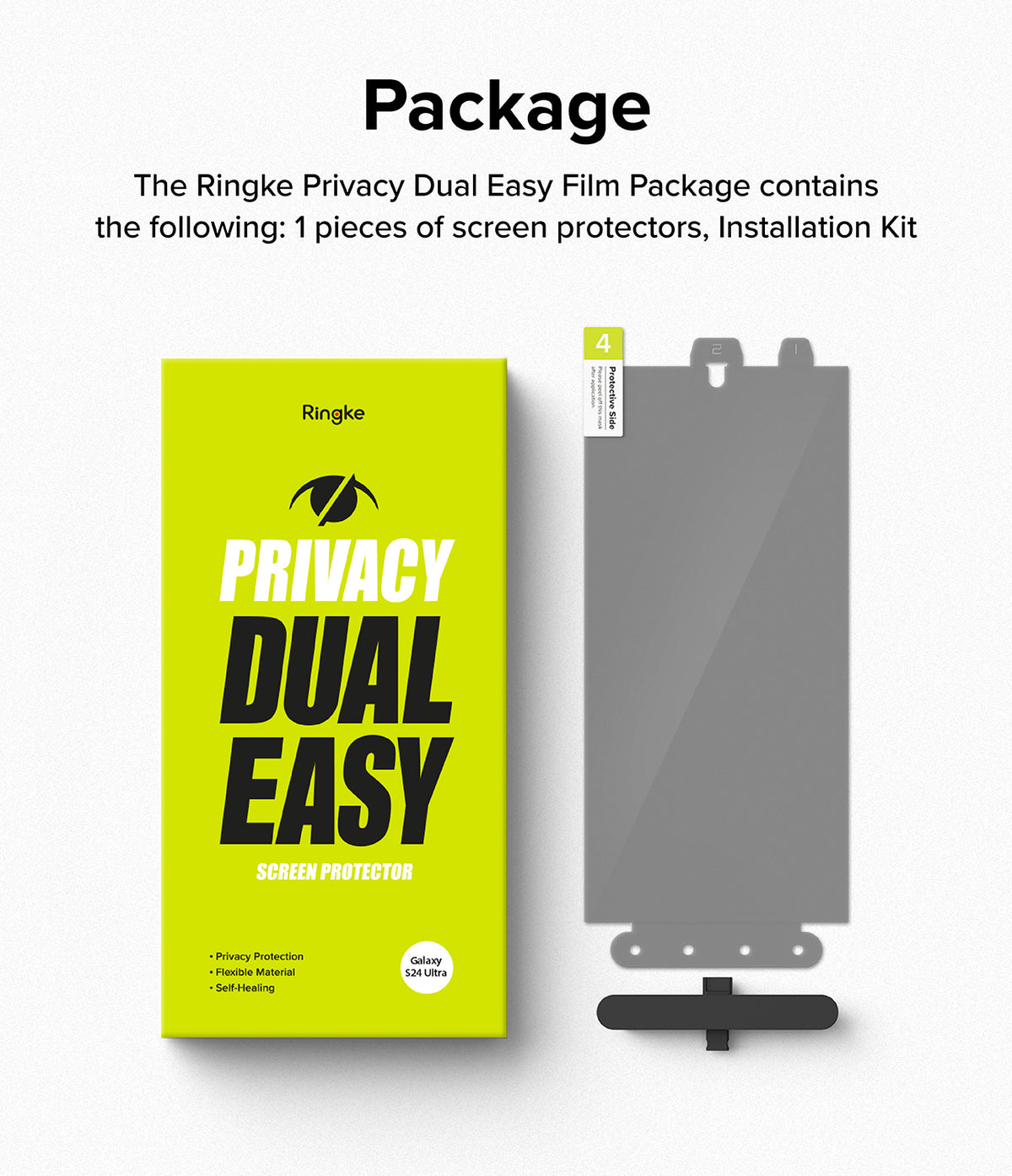 Galaxy S24 Ultra Screen Protector | Privacy Dual Easy Film - Bright yellow product box next to a gray screen film.