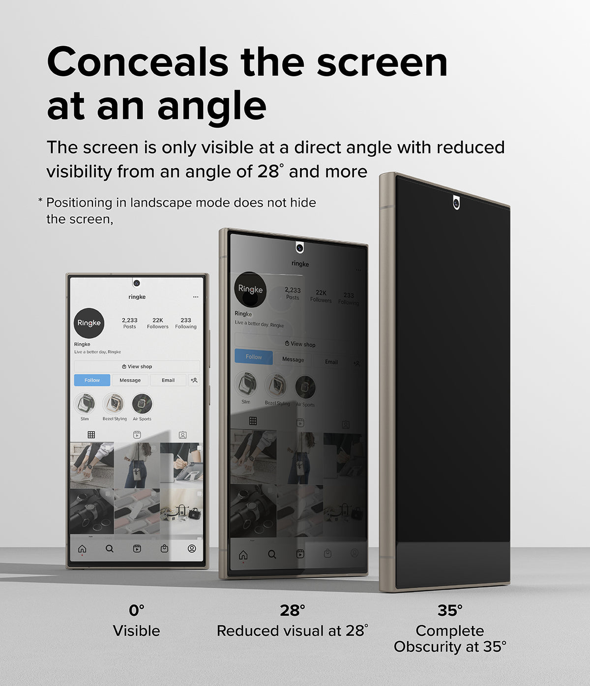 Galaxy S24 Ultra Screen Protector | Privacy Dual Easy Film - Galaxy S24 Ultra Screen Protector - Three phones showing privacy screen visibility at 0, 28, and 35-degree angles.