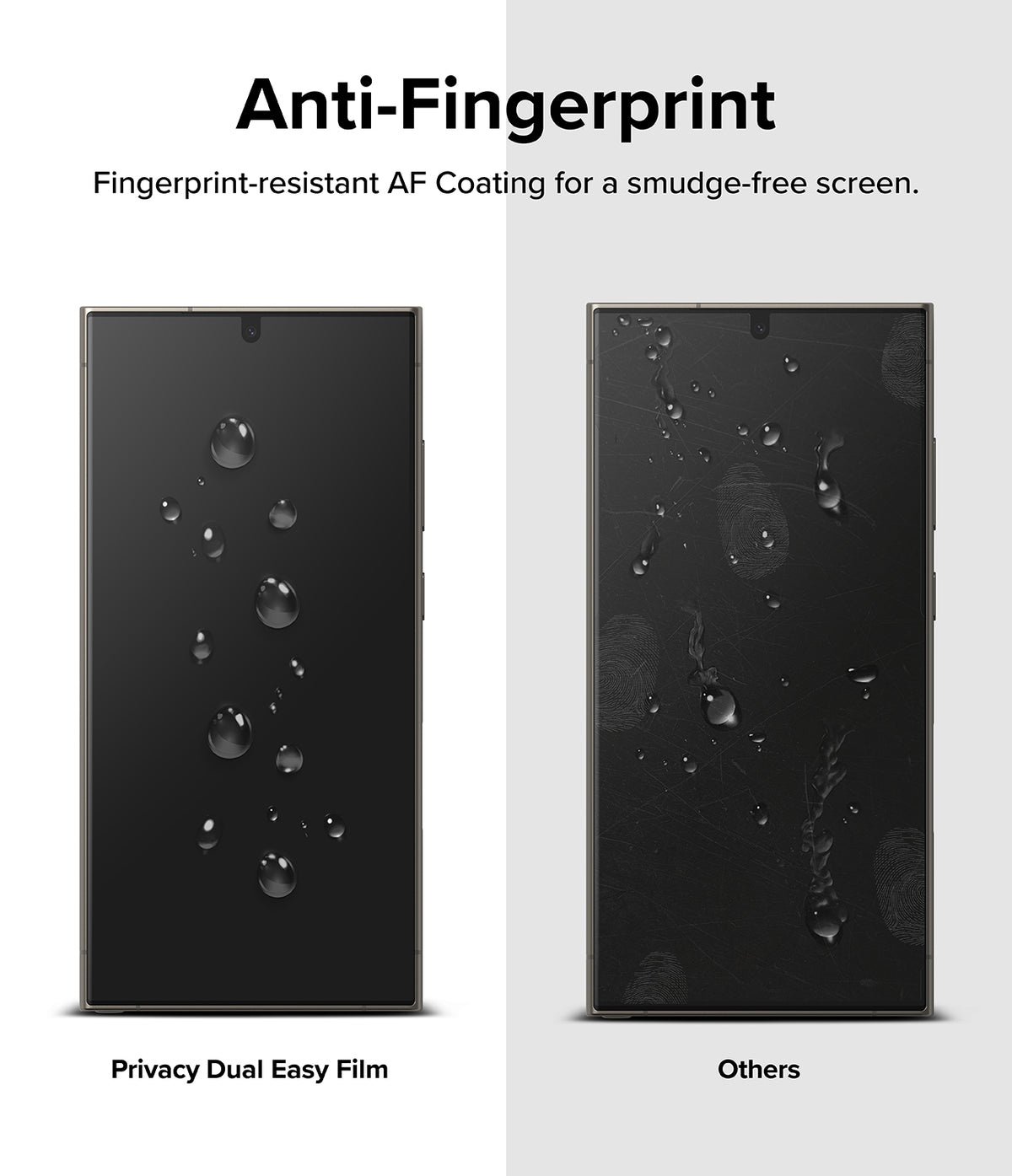 Galaxy S24 Ultra Screen Protector | Privacy Dual Easy Film - Comparison showing a clean screen versus a smudged one.