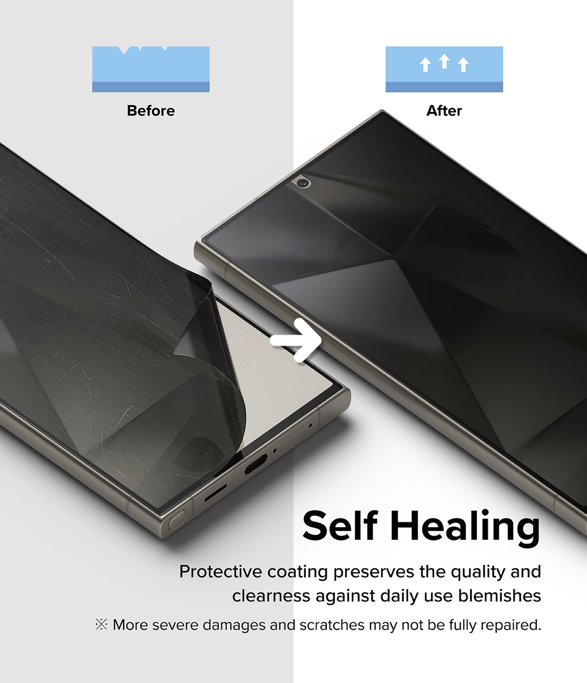 Galaxy S24 Ultra Screen Protector | Privacy Dual Easy Film - Galaxy S24 Ultra Screen Protector - Before and after comparison showing a scratched screen film self-healing to a smooth surface.
