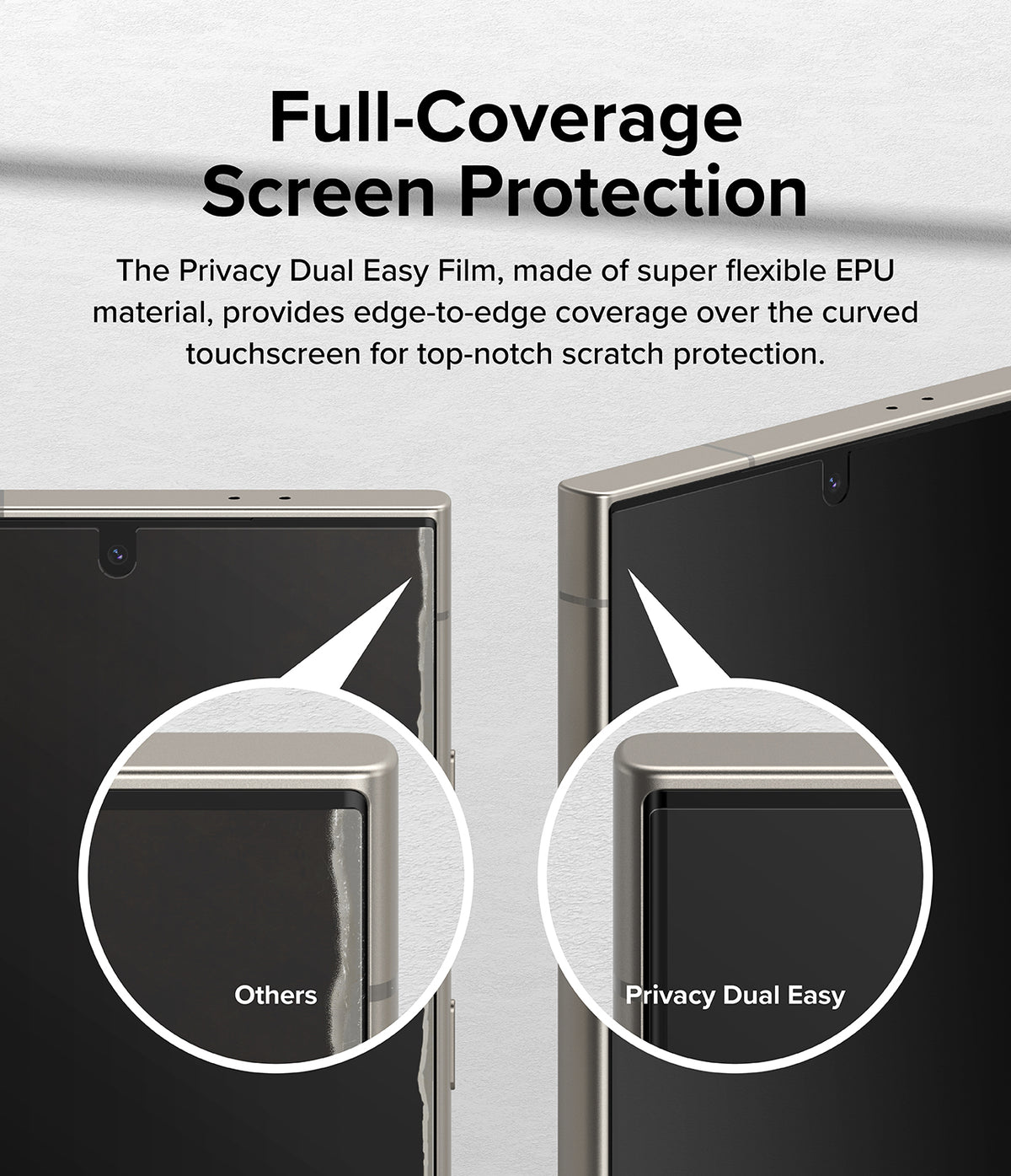 Galaxy S24 Ultra Screen Protector | Privacy Dual Easy Film - Galaxy S24 Ultra Screen Protector - Comparison showing edge-to-edge coverage of Privacy Dual Easy film versus others.