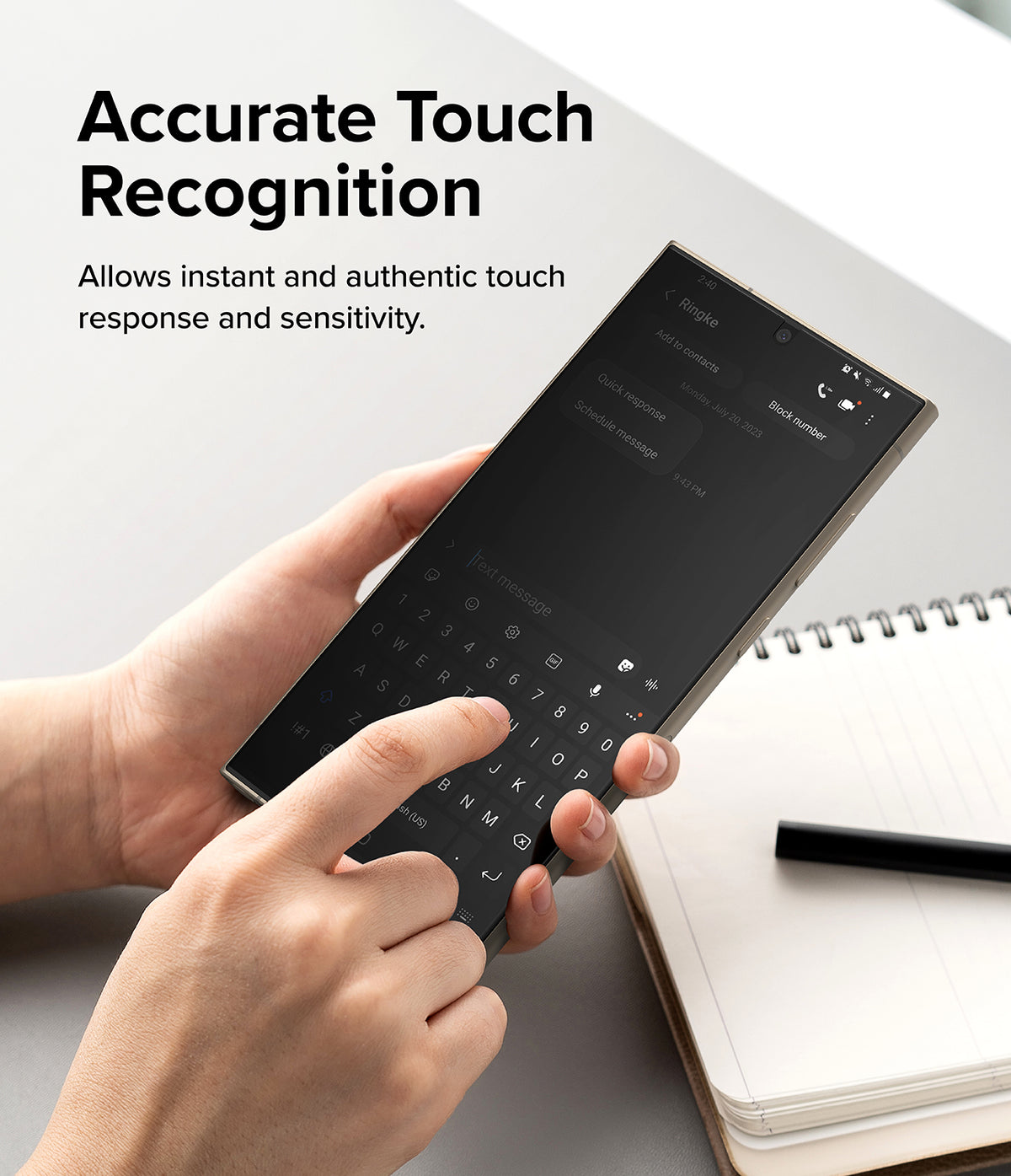 Galaxy S24 Ultra Screen Protector | Privacy Dual Easy Film - Finger typing on a smartphone screen with a keyboard.