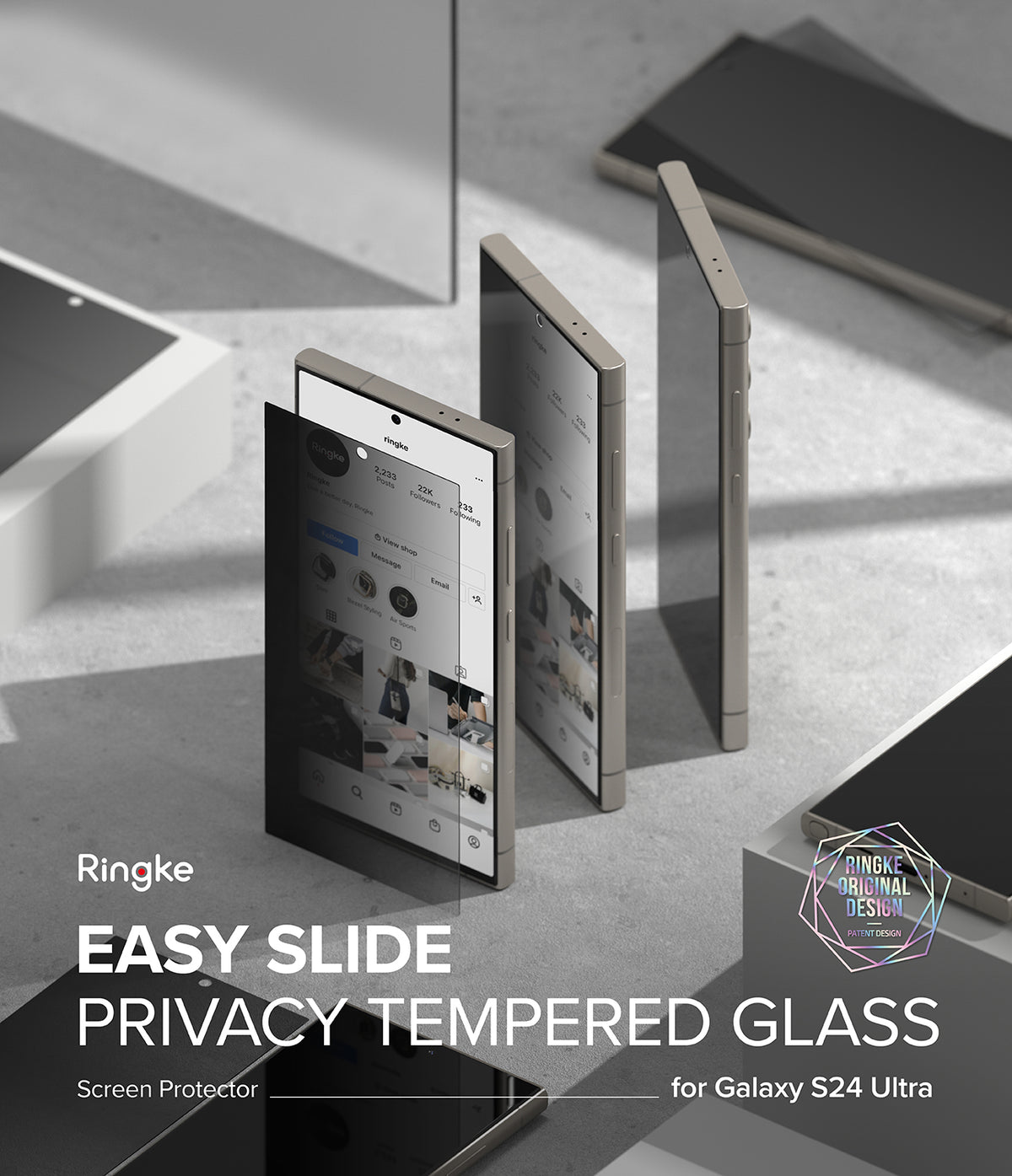 Galaxy S24 Ultra Screen Protector | Easy Slide Privacy Tempered Glass - Galaxy S24 Ultra Screen Protector - Three smartphones displayed with a privacy glass layer sliding over the screen.