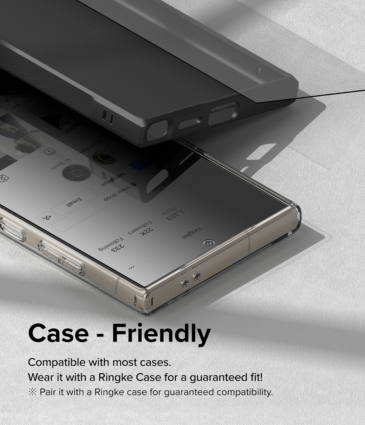Galaxy S24 Ultra Screen Protector | Easy Slide Privacy Tempered Glass - Galaxy S24 Ultra Screen Protector - A privacy glass screen protector being aligned with a smartphone inside a protective case.