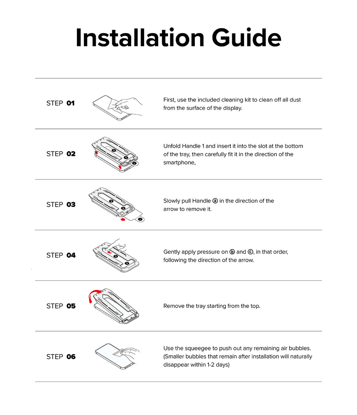 Galaxy S24 Ultra Screen Protector | Easy Slide Privacy Tempered Glass - Galaxy S24 Ultra Screen Protector - Six-step illustrated guide for installing a tempered glass screen protector.