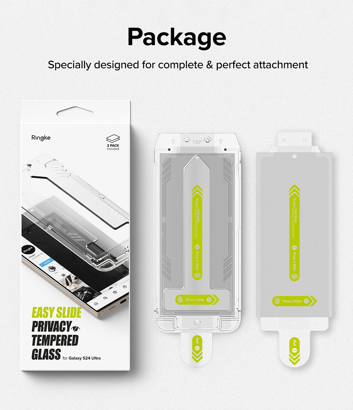 Galaxy S24 Ultra Screen Protector | Easy Slide Privacy Tempered Glass - Galaxy S24 Ultra Screen Protector - Retail box and two Easy Slide privacy tempered glass installation kits with guides.