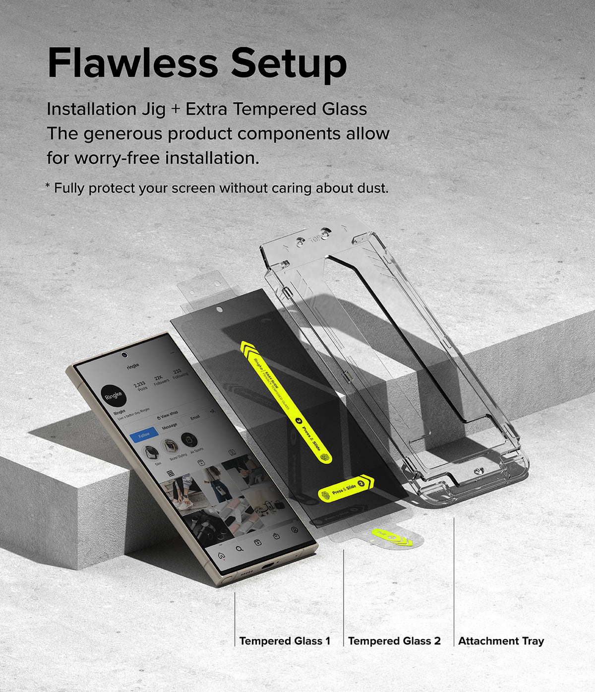 Galaxy S24 Ultra Screen Protector | Easy Slide Privacy Tempered Glass - Galaxy S24 Ultra Screen Protector - Two privacy tempered glass sheets and an installation tray for a smartphone.