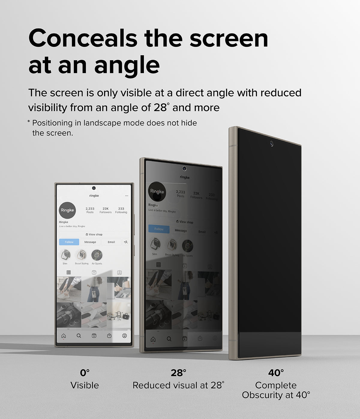 Galaxy S24 Ultra Screen Protector | Easy Slide Privacy Tempered Glass - Galaxy S24 Ultra Screen Protector - Three phones showing privacy glass visibility at 0, 28, and 40-degree viewing angles.