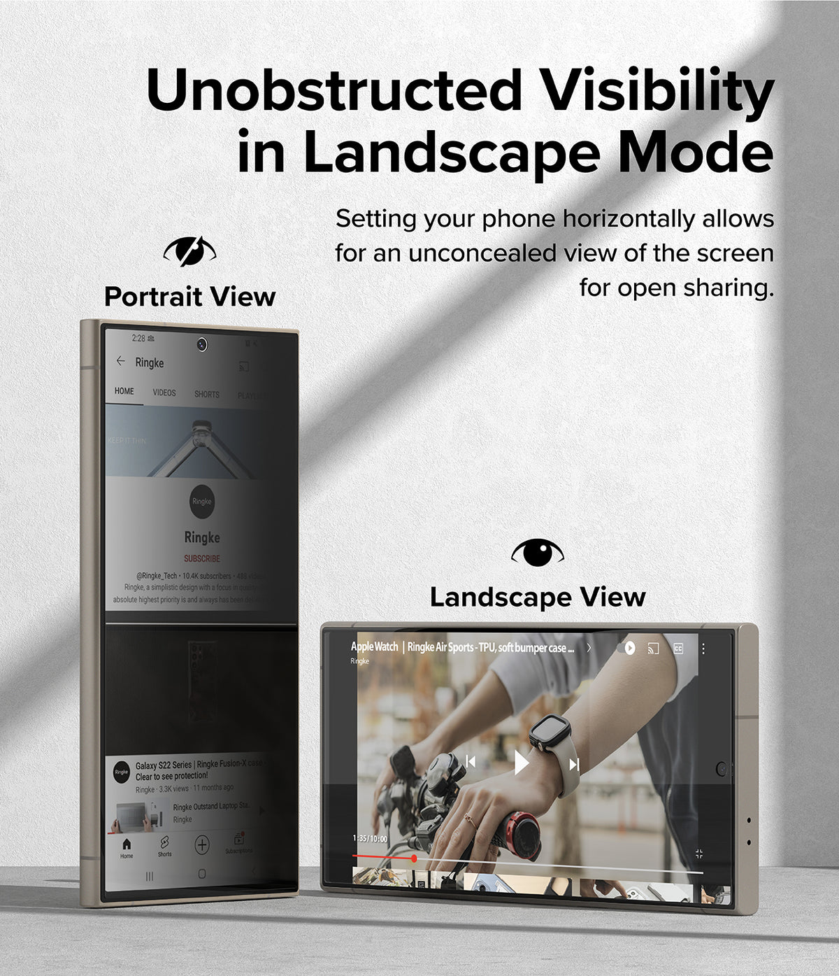 Galaxy S24 Ultra Screen Protector | Easy Slide Privacy Tempered Glass - Galaxy S24 Ultra Screen Protector - Comparison showing privacy screen in portrait mode versus clear view in landscape.