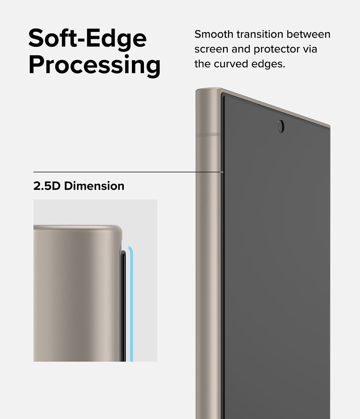 Galaxy S24 Ultra Screen Protector | Easy Slide Privacy Tempered Glass - Galaxy S24 Ultra Screen Protector - Close-up of a smartphone with a 2.5D curved-edge tempered glass screen protector.