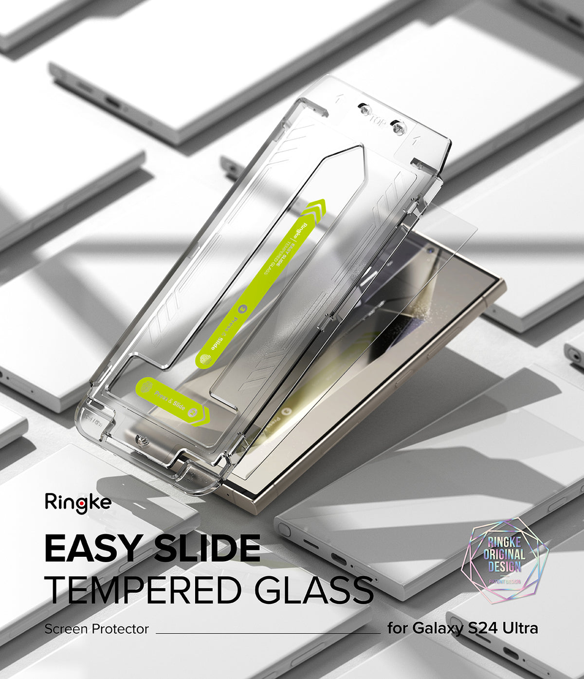 Galaxy S24 Ultra Screen Protector | Easy Slide Tempered Glass - Installation tool hovering over a smartphone screen.