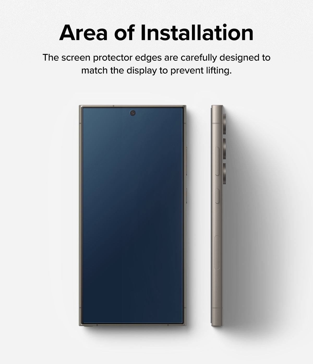 Galaxy S24 Ultra Screen Protector | Easy Slide Tempered Glass - Galaxy S24 Ultra Screen Protector - Front and side views of a smartphone showing precise edge-to-edge screen protector fit.