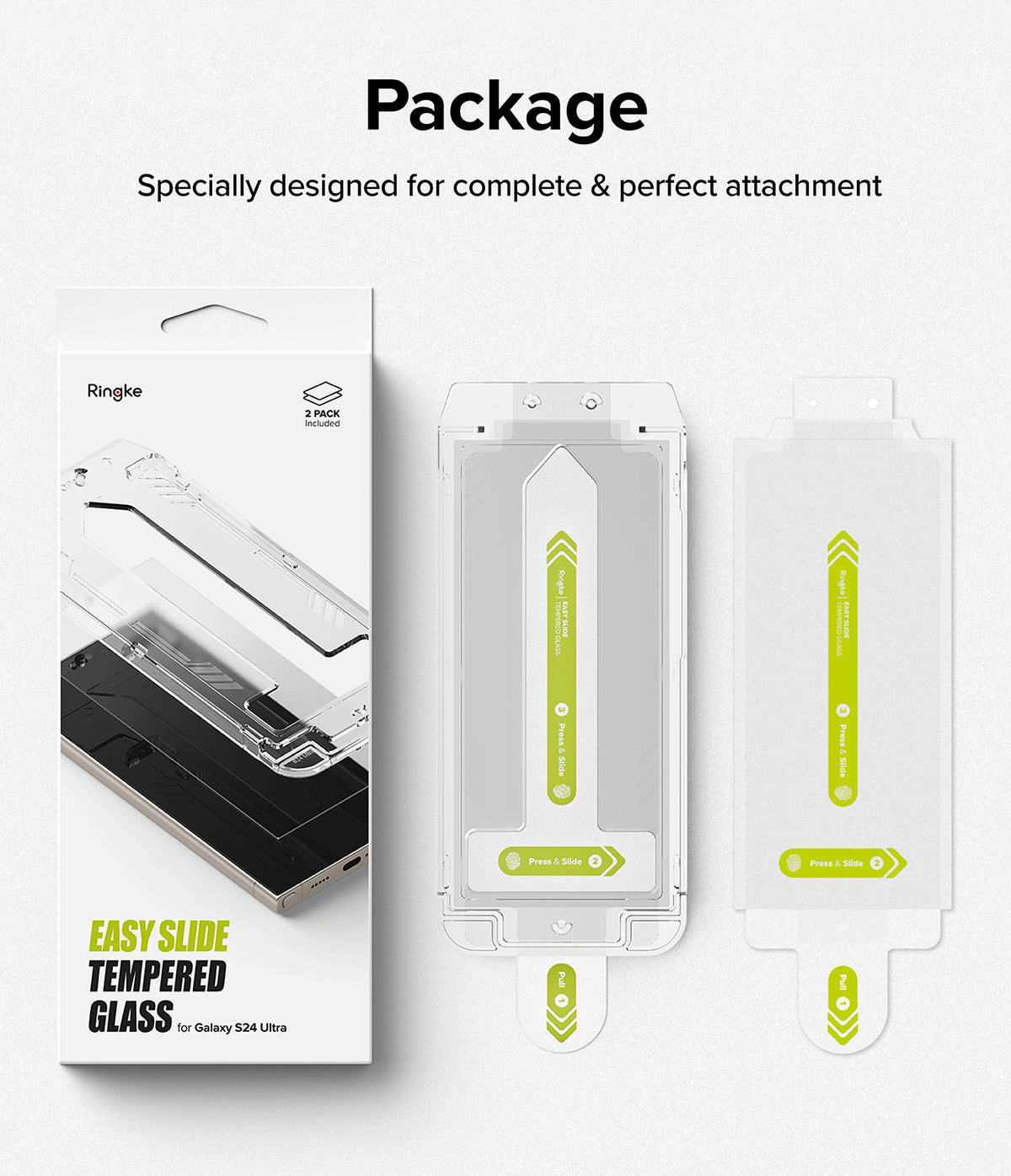 Galaxy S24 Ultra Screen Protector | Easy Slide Tempered Glass - Galaxy S24 Ultra Screen Protector - Ringke Easy Slide tempered glass kit with installation tray and two screen protectors.