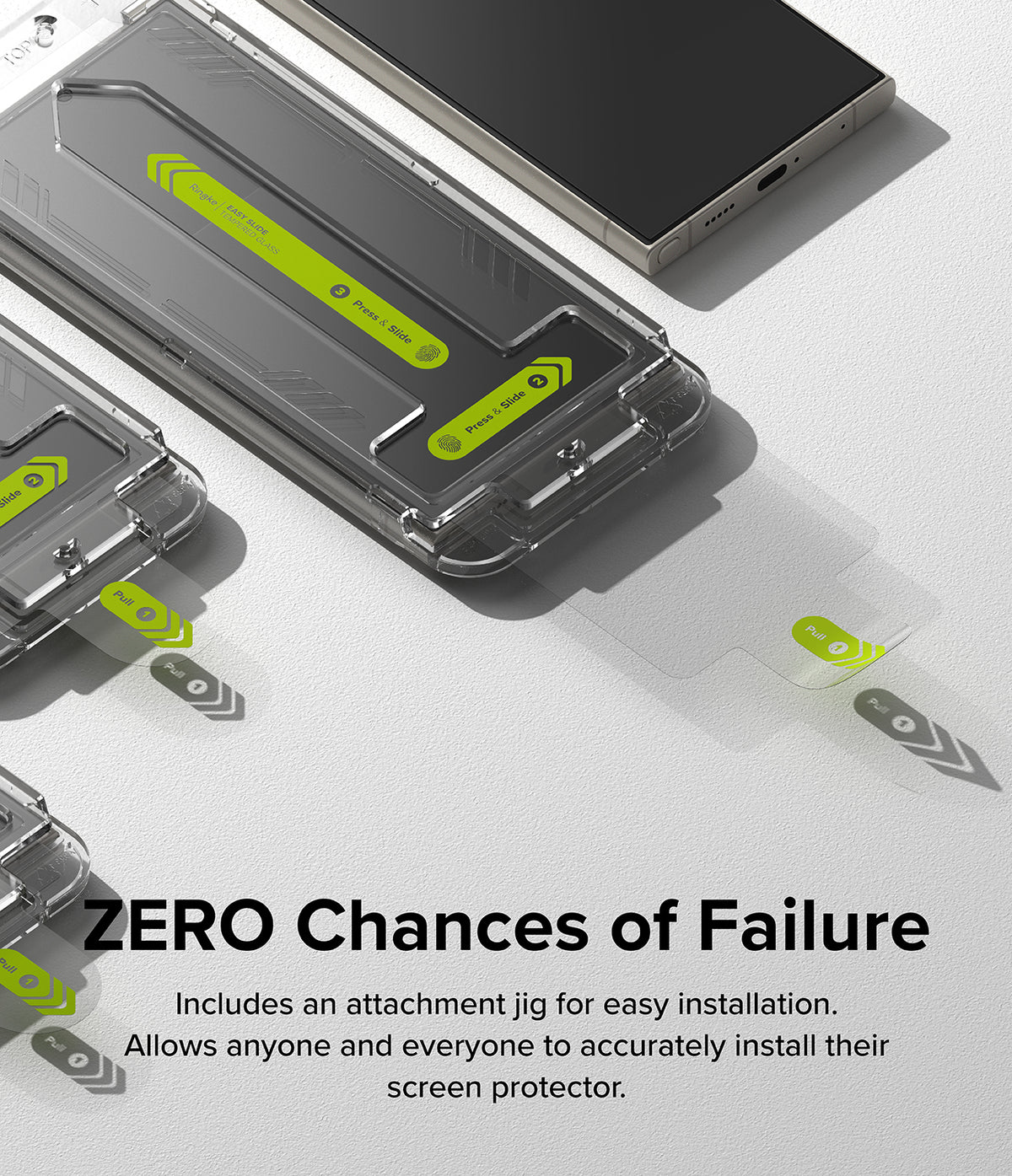 Galaxy S24 Ultra Screen Protector | Easy Slide Tempered Glass - Installation jig with screen protector and smartphone.