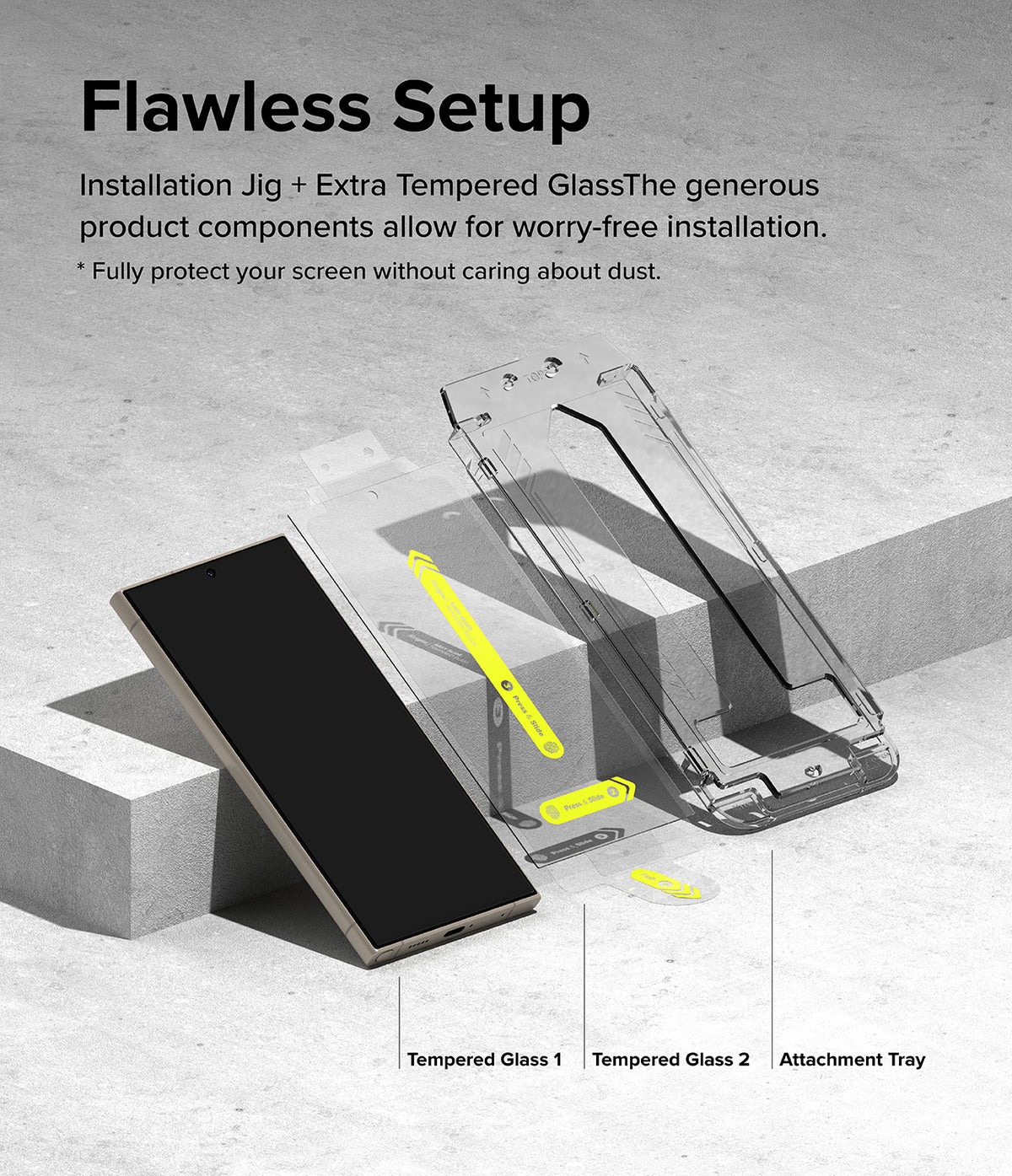 Galaxy S24 Ultra Screen Protector | Easy Slide Tempered Glass - Galaxy S24 Ultra Screen Protector - Phone, two tempered glass sheets with yellow tabs, and an installation tray.