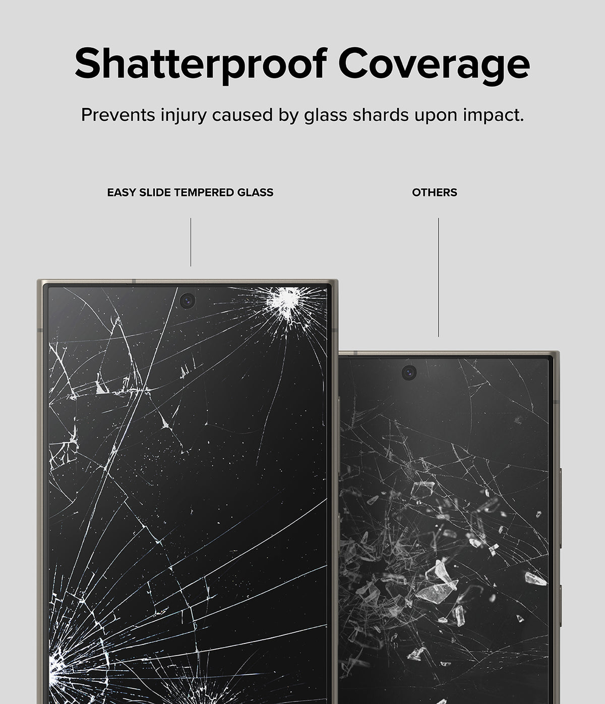 Galaxy S24 Ultra Screen Protector | Easy Slide Tempered Glass - Galaxy S24 Ultra Screen Protector - Comparison showing shatterproof tempered glass versus others with loose shards.