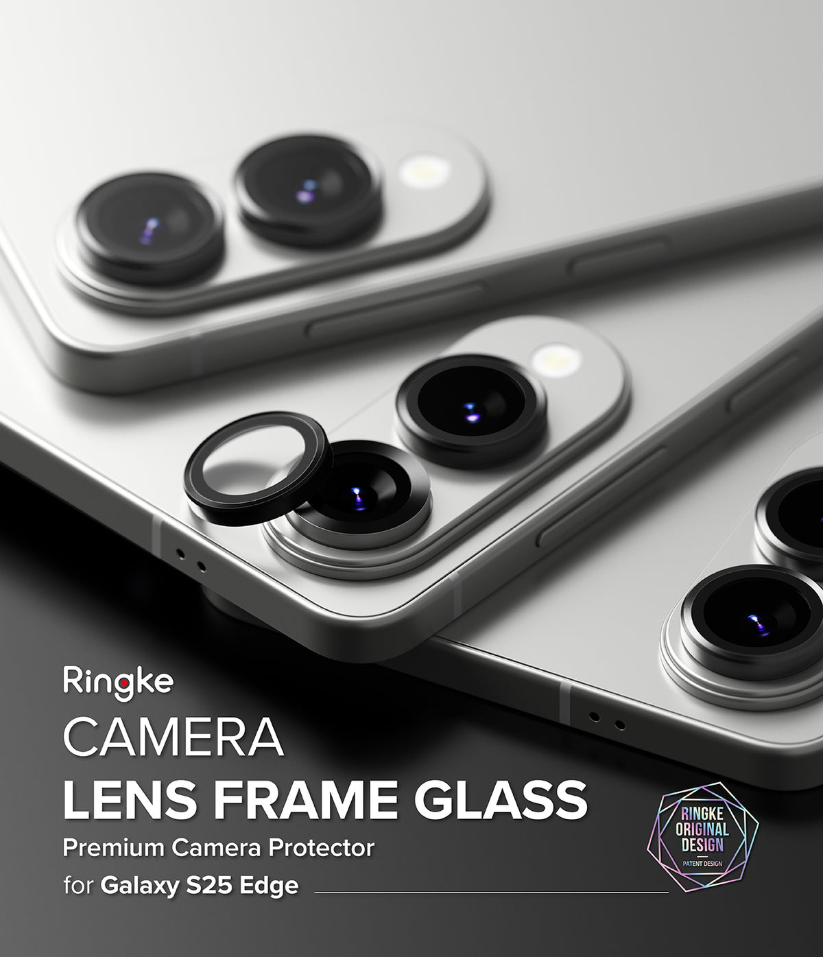 Galaxy S25 Edge | Camera Lens Frame Glass - A protective glass ring being applied to a silver smartphone camera lens.