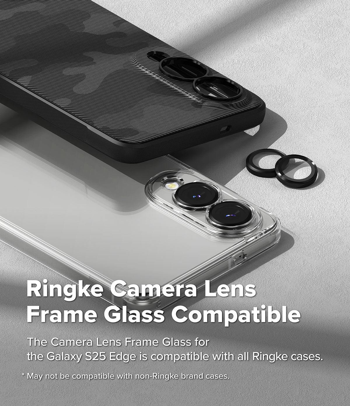 Galaxy S25 Edge | Camera Lens Frame Glass - Black camera lens protectors installed on two smartphones, one with a camo case and one clear case.