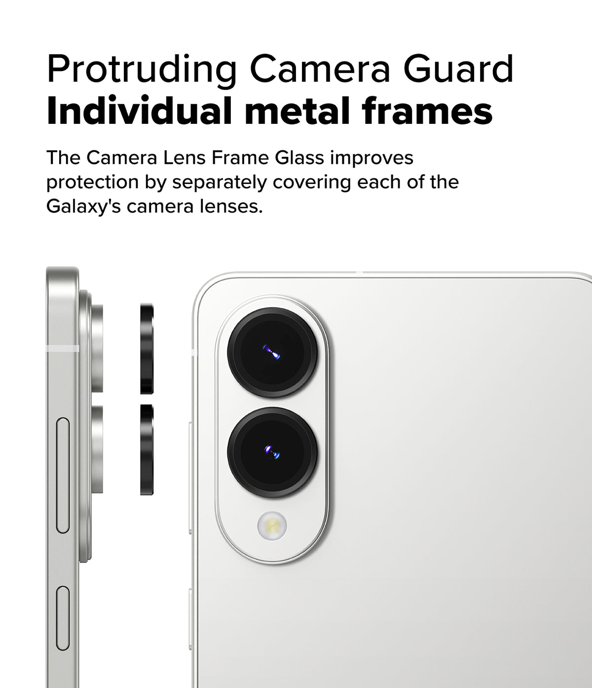 Galaxy S25 Edge | Camera Lens Frame Glass - Side and back view of a phone showing individual metal camera lens covers being applied to the lenses.