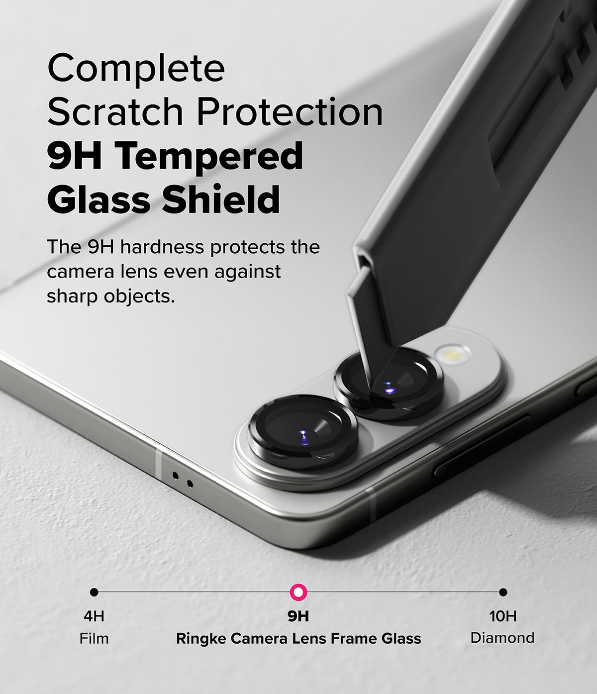 Galaxy S25 Edge | Camera Lens Frame Glass - A utility knife blade presses against a 9H tempered glass camera lens protector on a smartphone.