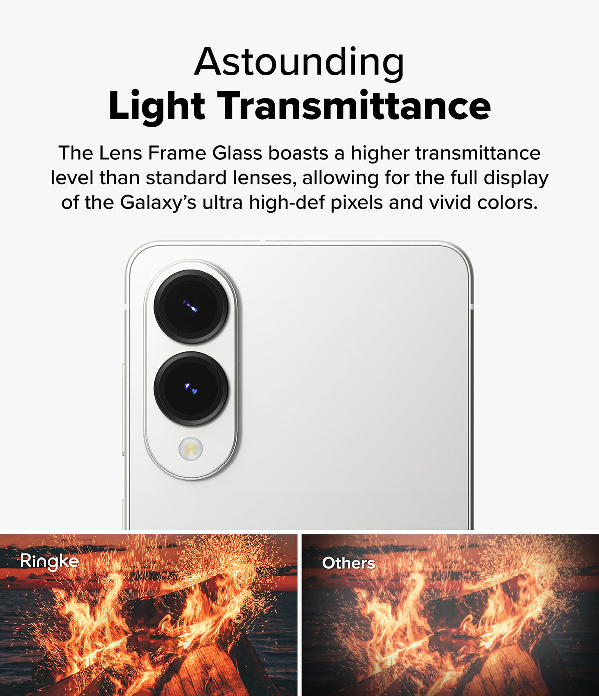 Galaxy S25 Edge | Camera Lens Frame Glass - Camera lens glass showing a bright, clear fire photo compared to a dimmer, lower-quality alternative.