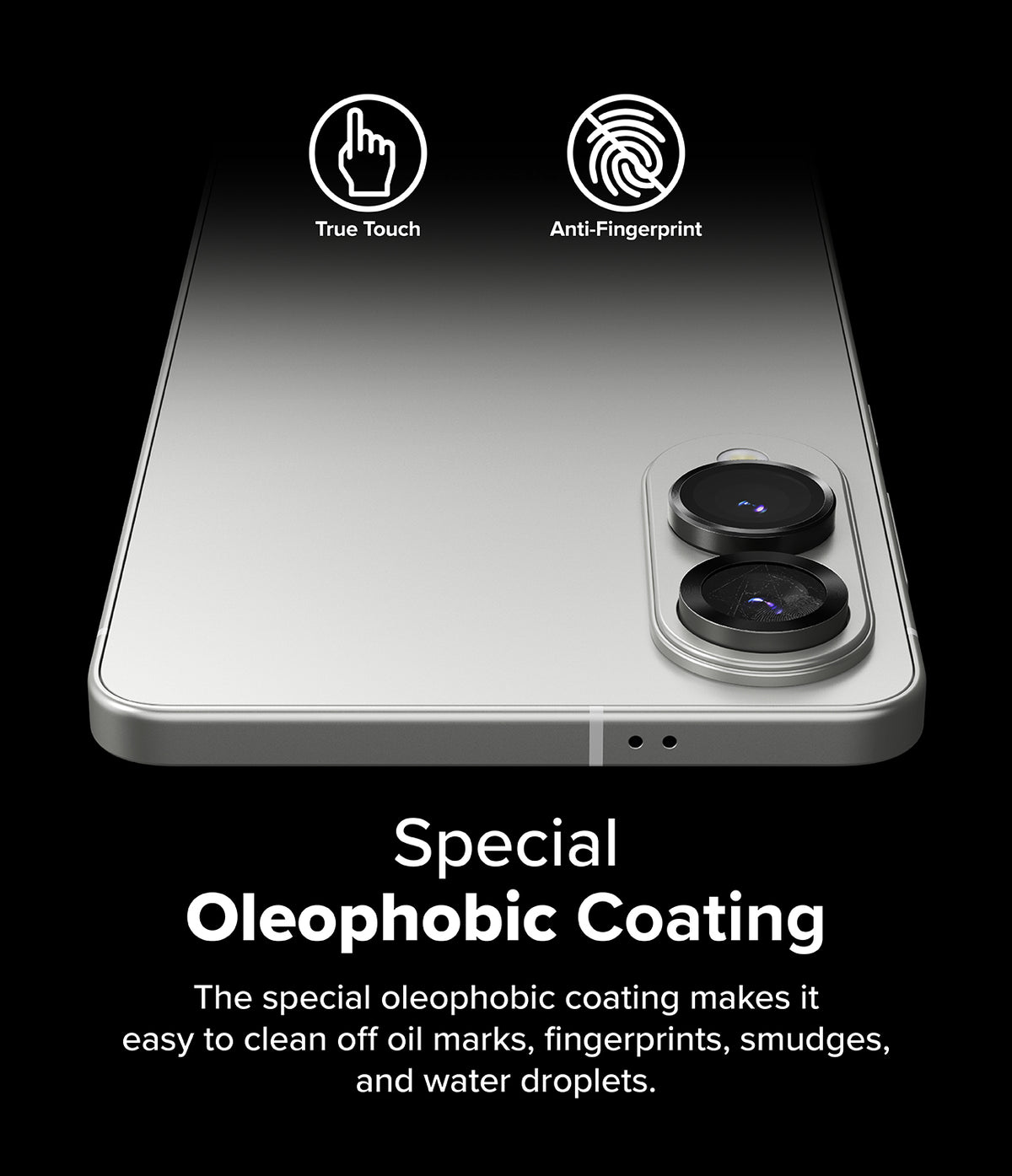 Galaxy S25 Edge | Camera Lens Frame Glass - Camera lens glass with oleophobic coating, featuring True Touch and Anti-Fingerprint icons on a phone.