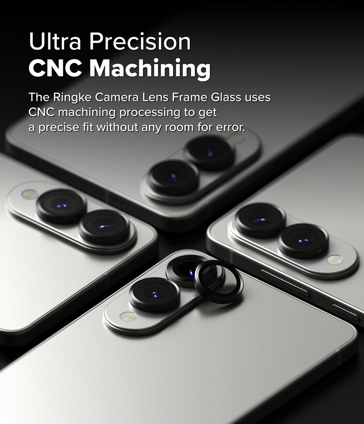 Galaxy S25 Edge | Camera Lens Frame Glass - Close-up of black camera lens protectors being applied to a silver smartphone.