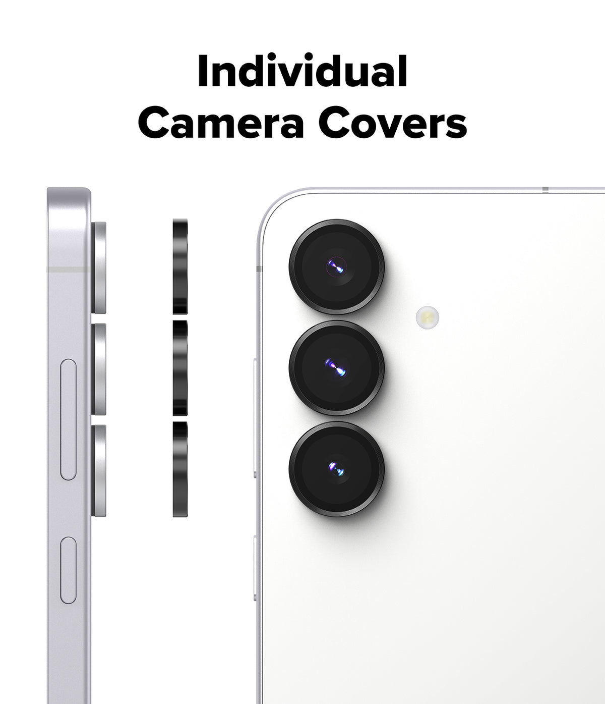 Galaxy S25 FE | Camera Lens Frame Glass - Galaxy S25 FE - Three individual black camera lens covers aligned to be applied to a white smartphone's rear camera array.
