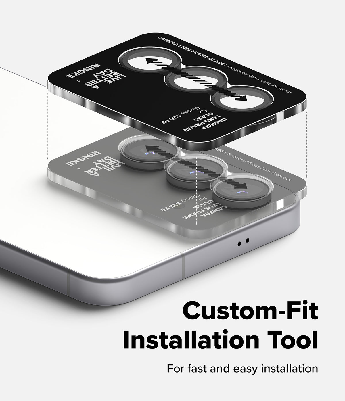 Galaxy S25 FE | Camera Lens Frame Glass - Galaxy S25 FE - Installation tool aligning tempered glass lens protectors onto a smartphone camera array.