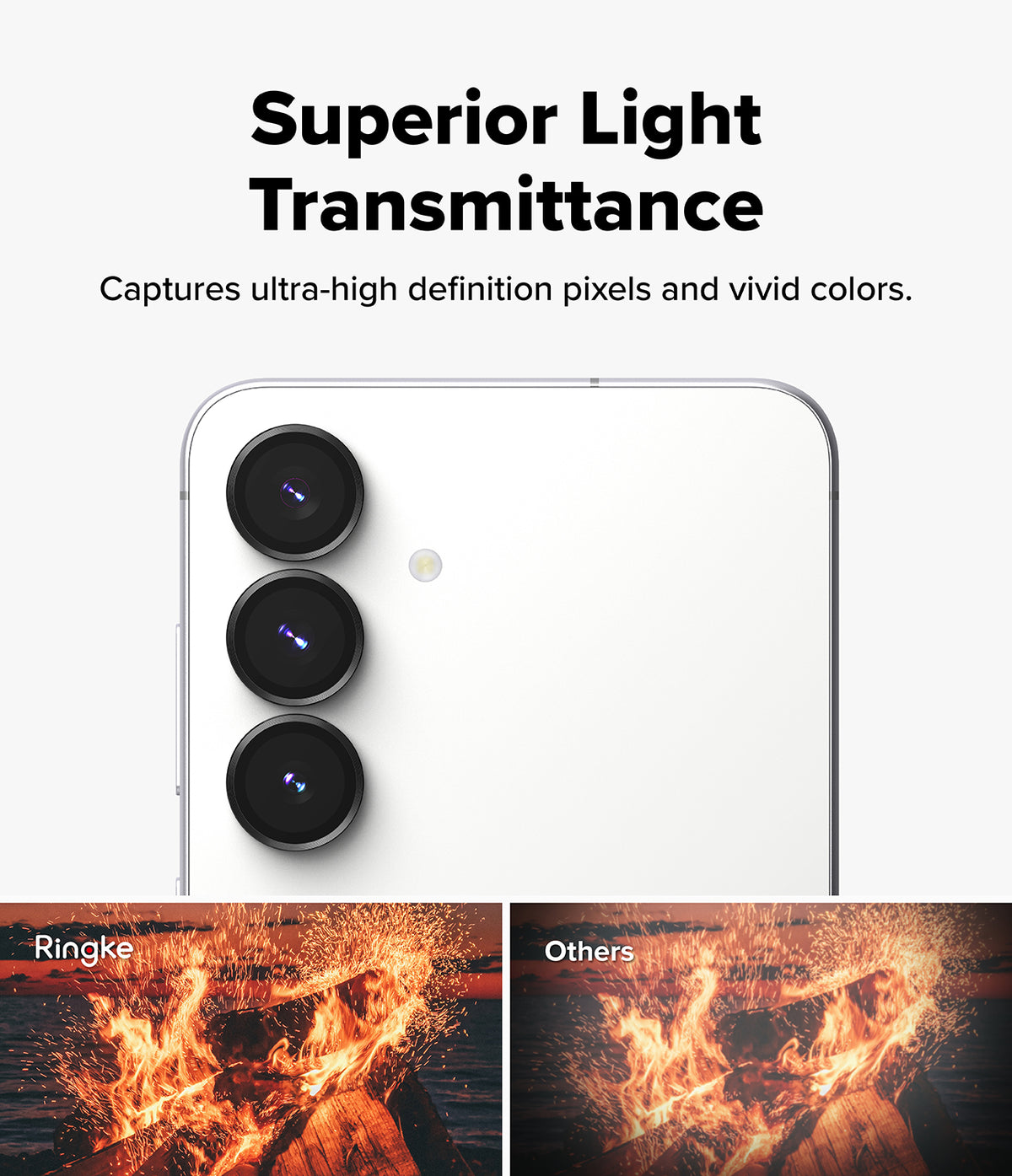 Galaxy S25 FE | Camera Lens Frame Glass - Comparison showing clearer, more vivid fire imagery with Ringke lens glass.