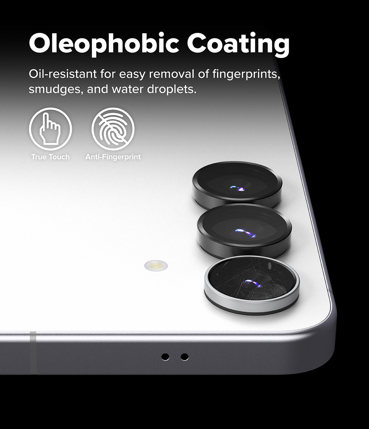 Galaxy S25 FE | Camera Lens Frame Glass - Galaxy S25 FE - Camera lens protectors on a smartphone back, highlighting oleophobic coating with touch and fingerprint icons.