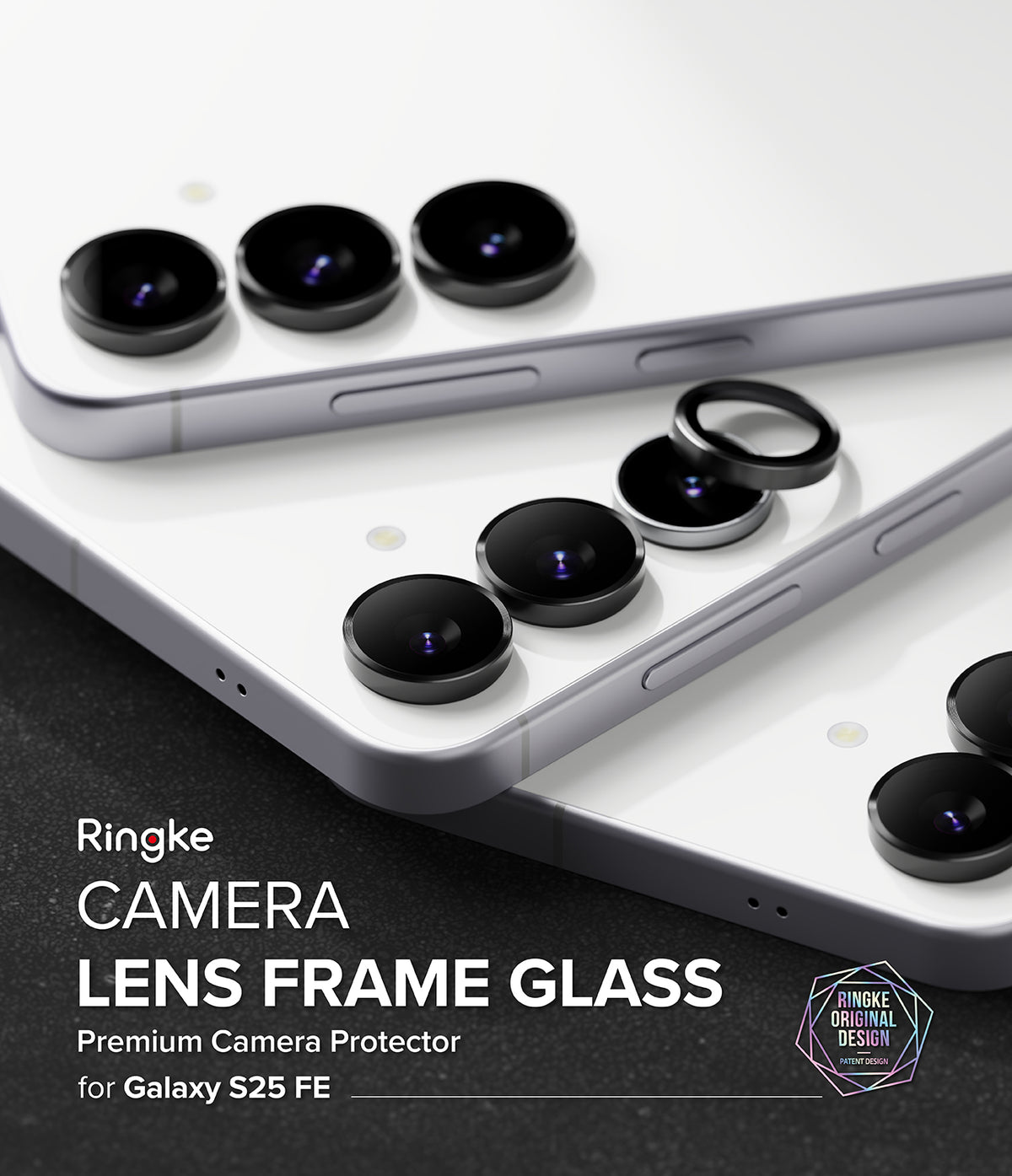 Galaxy S25 FE | Camera Lens Frame Glass - Galaxy S25 FE - Three white smartphones showing black camera lens frame glass protectors being applied to the lenses.