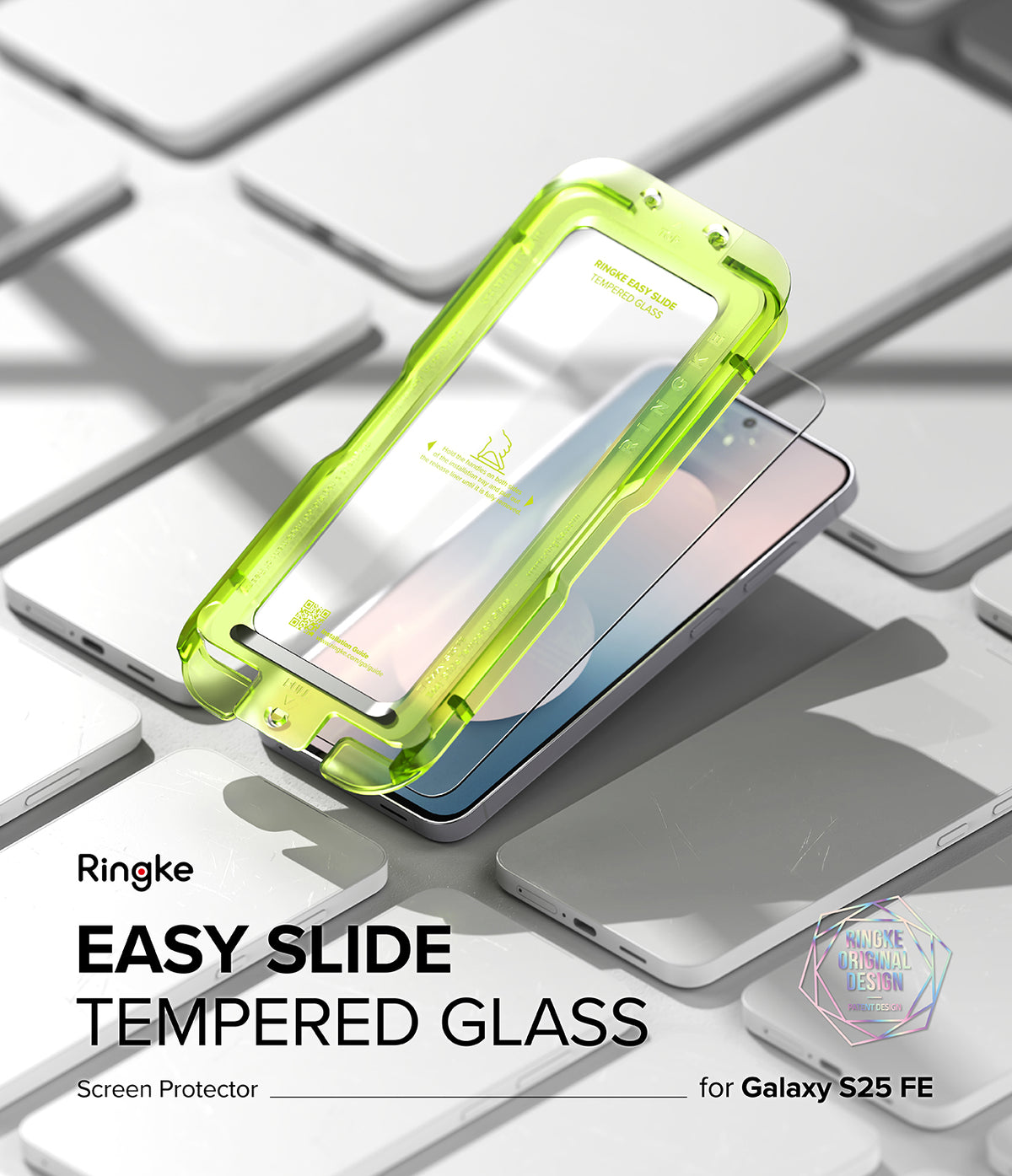 Galaxy S25 FE Screen Protector | Easy Slide Tempered Glass (2P) - Galaxy S25 FE Screen Protector - Neon green installation tray aligning tempered glass onto a Galaxy S25 FE smartphone.