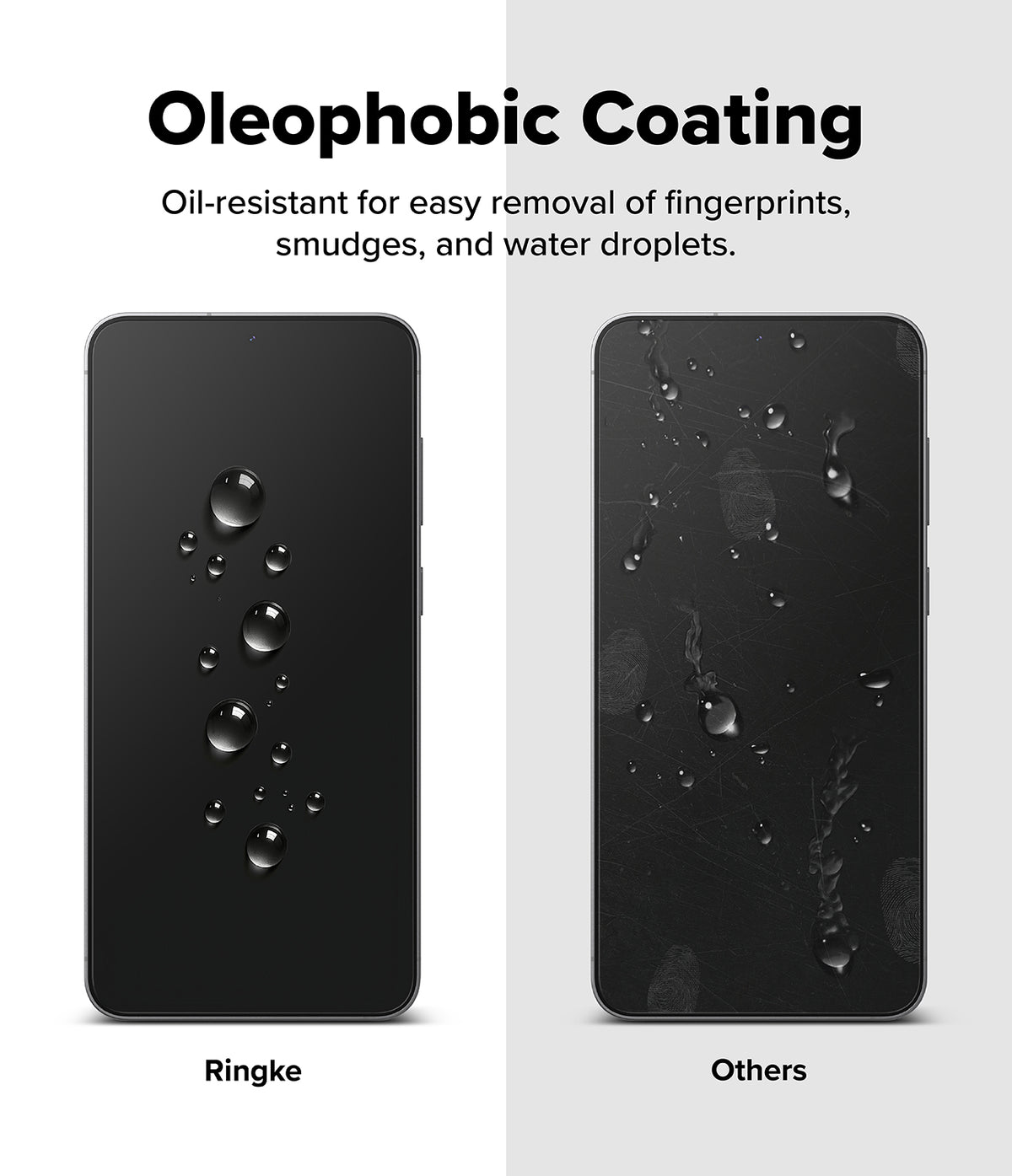Galaxy S25 FE Screen Protector | Easy Slide Tempered Glass (2P) - Galaxy S25 FE Screen Protector - Comparison showing water beads on a clean Ringke screen versus smudged screen on others.